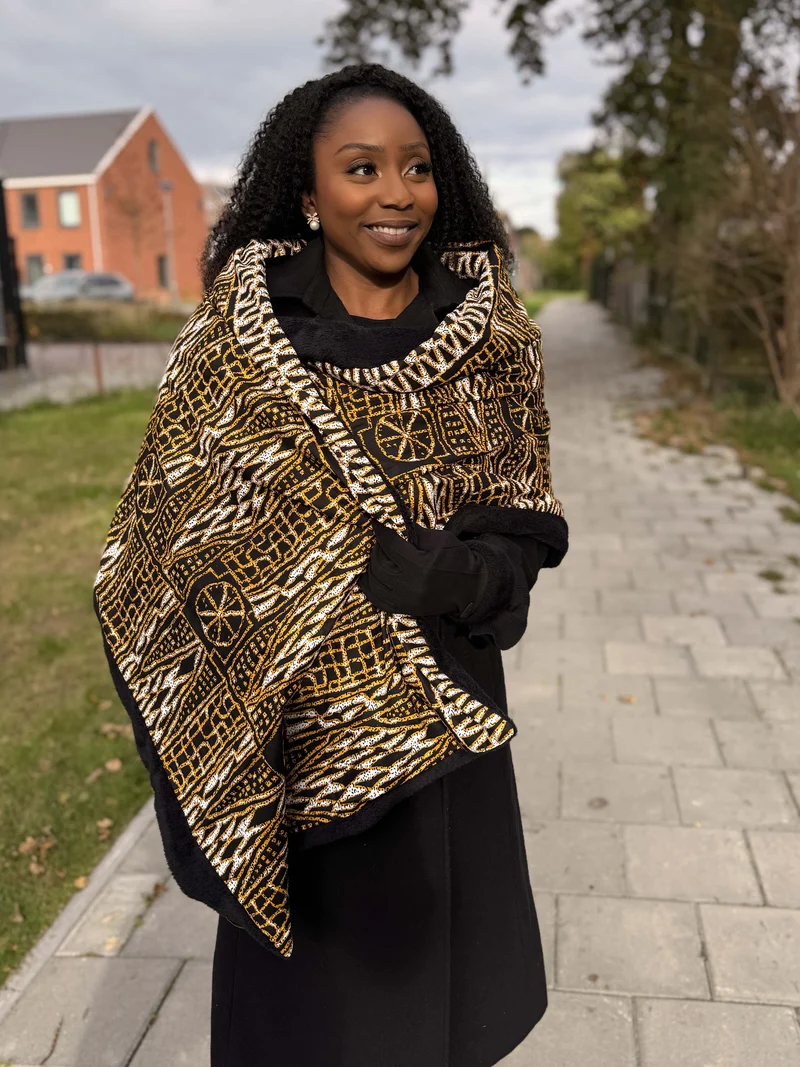 Warme Sjaal met Afrikaanse print Unisex - Zwart Geel Ndop Kameroen