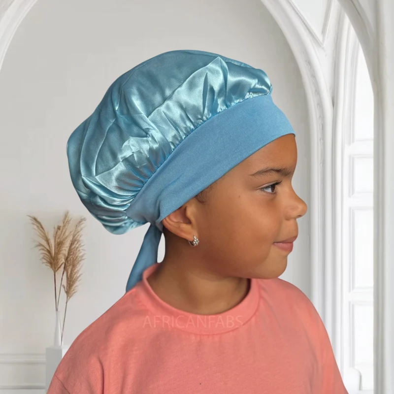 Blauw Satijnen slaapmuts met bandjes (kinderen / kindermaat 3-7 jaar) (Kinder Haar Bonnet)
