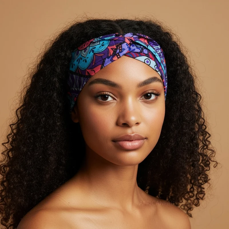 Haarband / Hoofdband in Afrikaanse print - Paars Lichtblauw Mandala