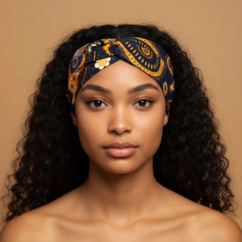 Haarband / Hoofdband in Afrikaanse print - Blauw Geel Paisley