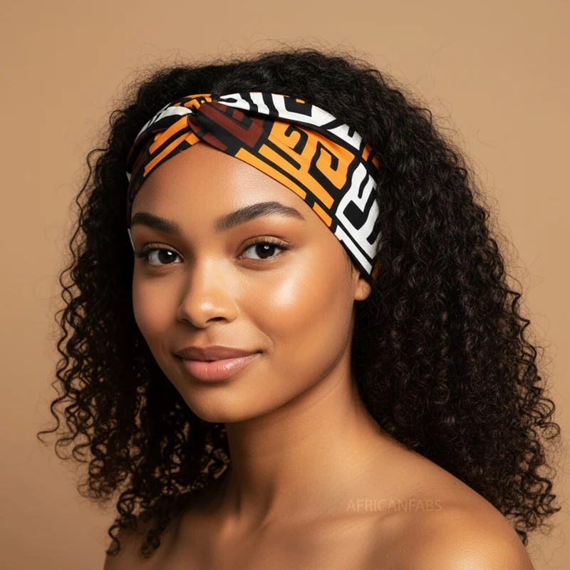 Haarband / Hoofdband in Afrikaanse print - Bruin Wit Kuba Blocks