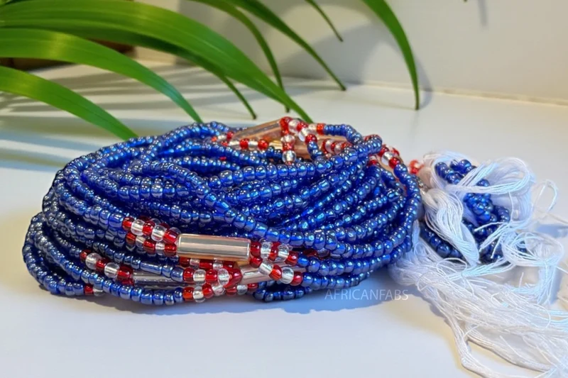 3 in 1 Waist Beads / Afrikaanse Heupketting - Okpa - Blauw (Traditioneel niet-elastisch koord)