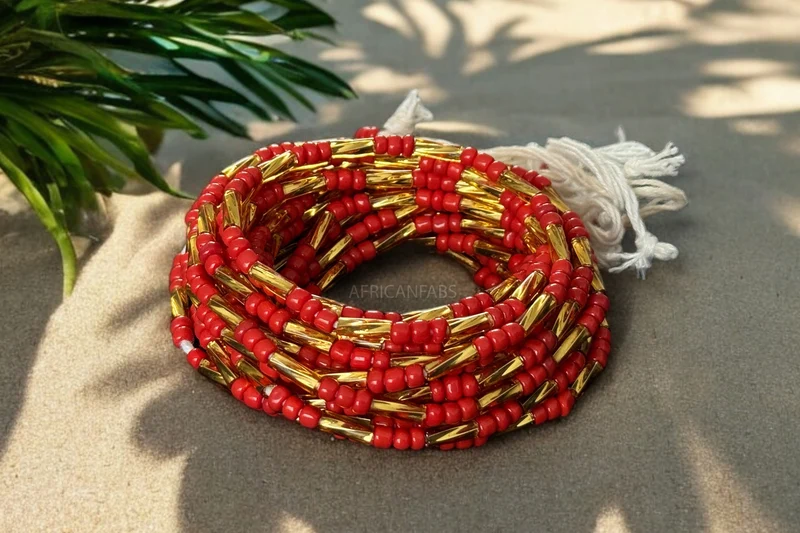 Waist Beads / Afrikaanse Heupketting - Adesuwa - Rood / goud (Traditioneel niet-elastisch koord)
