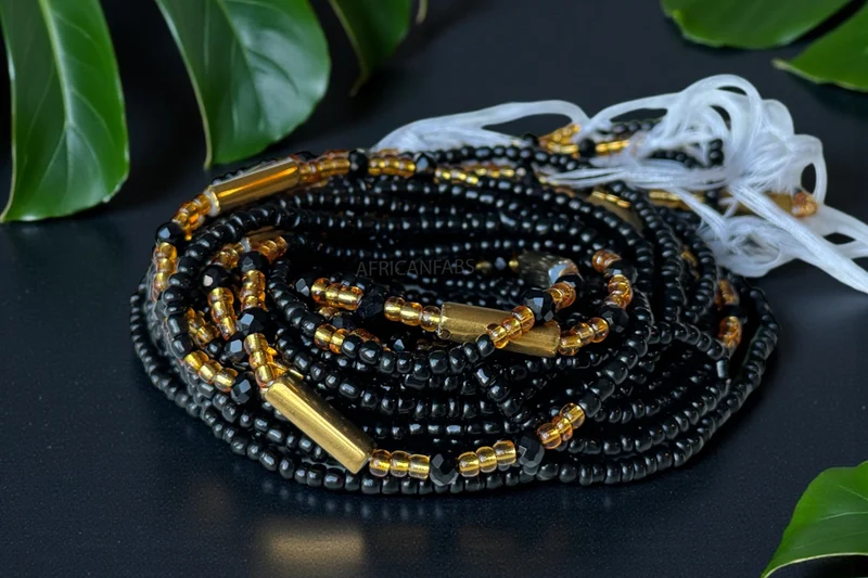 Waist Beads / Afrikaanse Heupketting - Afi - Zwart / goud (Traditioneel niet-elastisch koord)