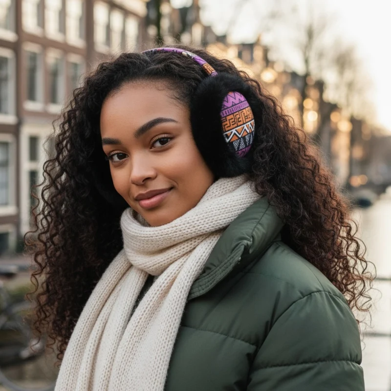 Afrikaanse Print Oorwarmers / Earmuffs - Inklapbaar Wintermodel - Roze Oranje Tribal