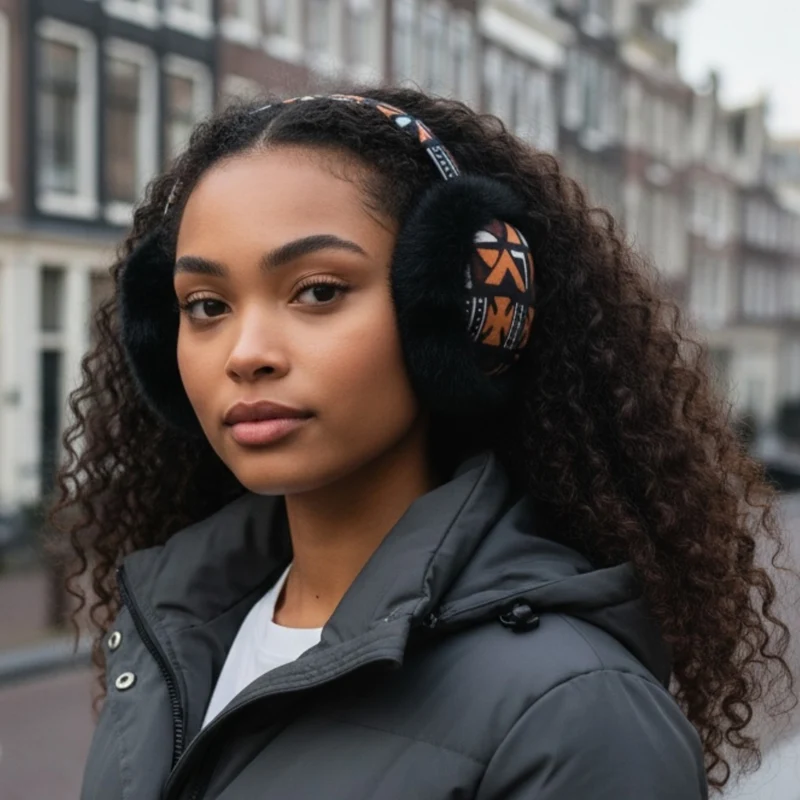 Afrikaanse Print Oorwarmers / Earmuffs - Inklapbaar Wintermodel - Bruine Cross Bogolan
