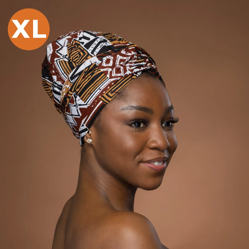 XL Easy headwrap / hoofddoek - Satijnen binnenkant - Bruin Bogolan Mosaic