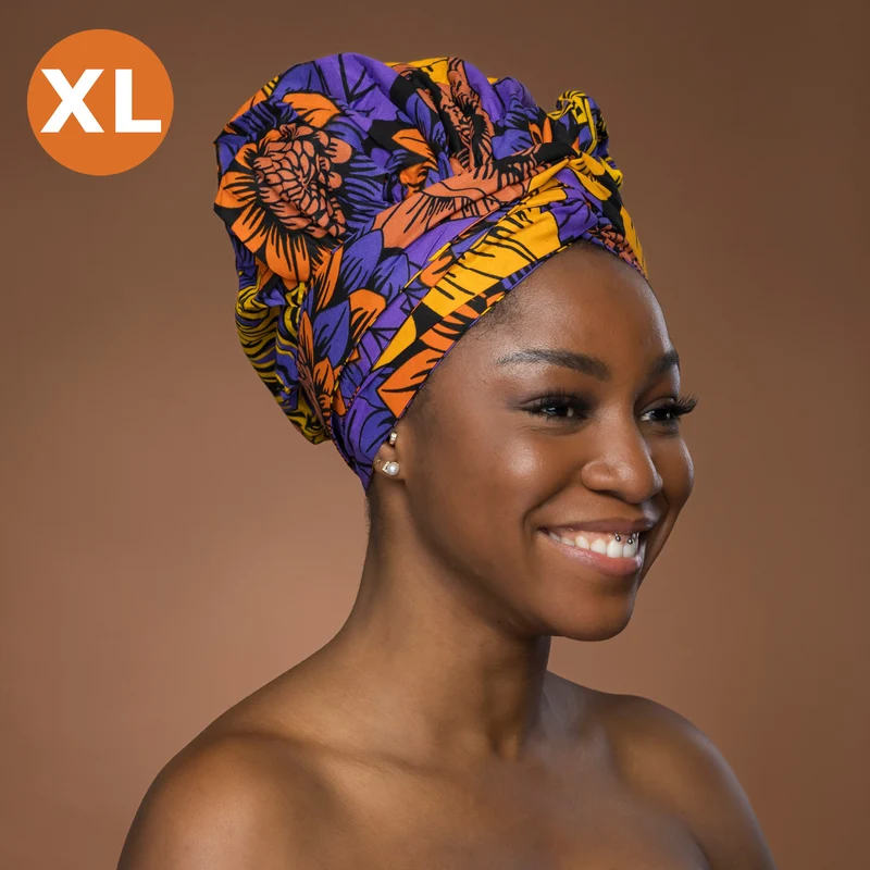 XL Easy headwrap / hoofddoek - Satijnen binnenkant - Geel Paars Flowers