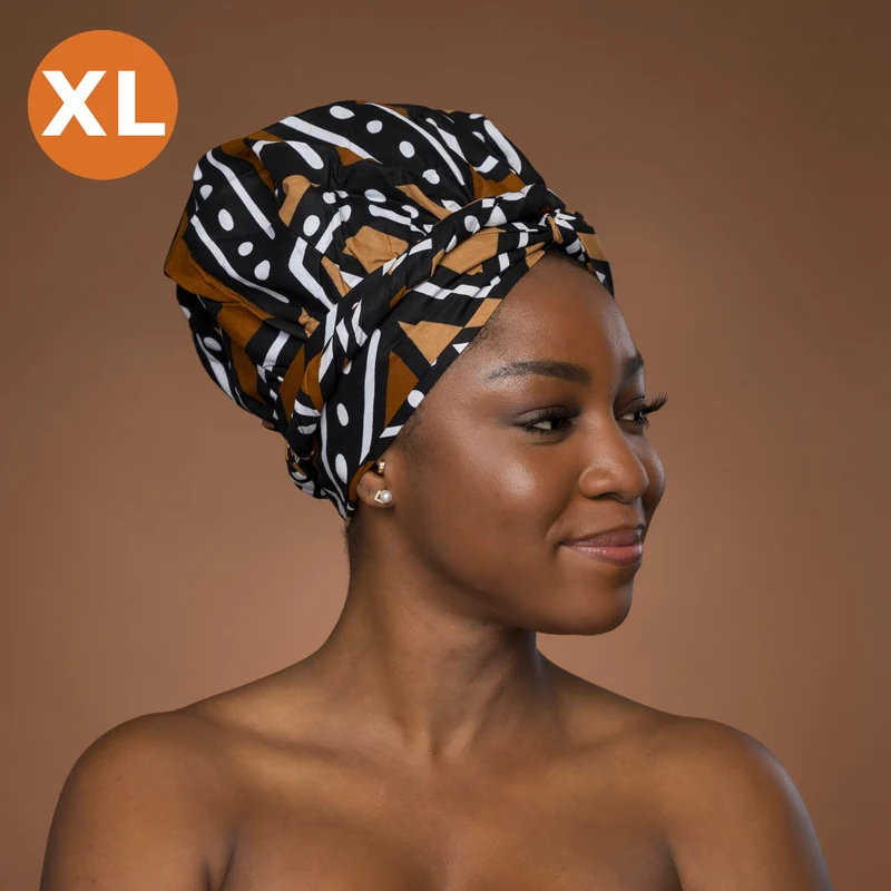XL Easy headwrap / hoofddoek - Satijnen binnenkant - Bruin Zwart Bogolan