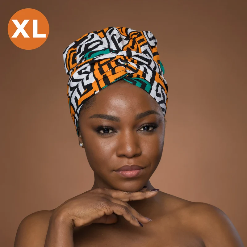 XL Easy headwrap / hoofddoek - Satijnen binnenkant - Petrol Geel Kuba Blocks Congo