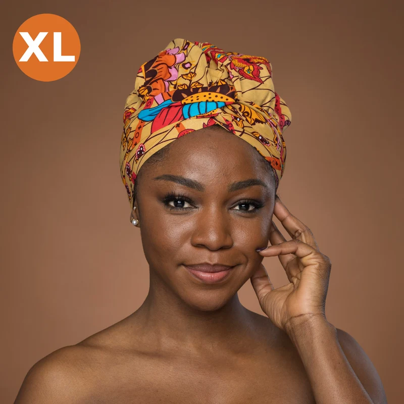 XL Easy headwrap / hoofddoek - Satijnen binnenkant - Beige Oranje Botanical Flow