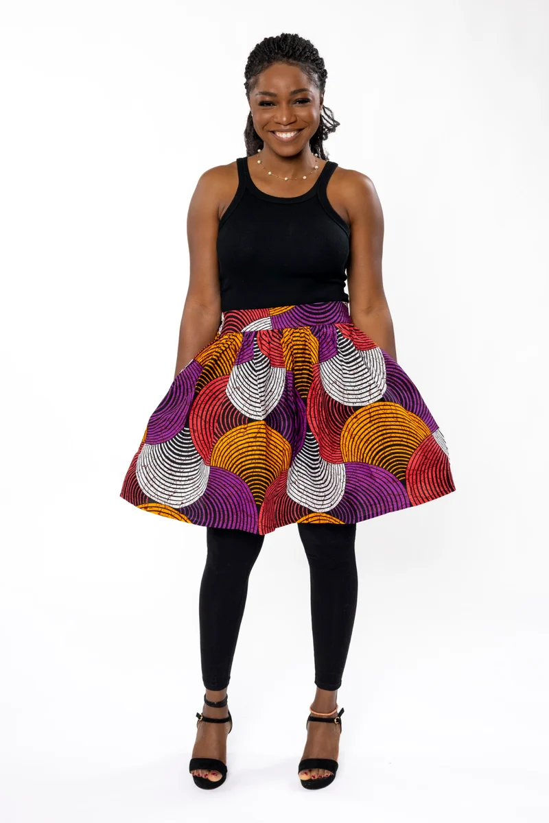 Afrikaanse print mini rok - Oranje Paars Concentric Circle Design