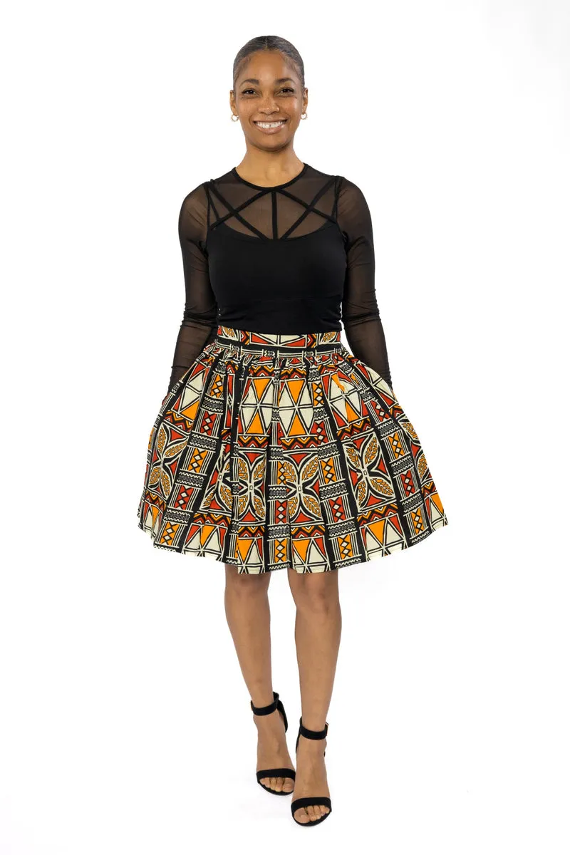 Afrikaanse print mini rok - Rood Oranje Bogolan Symbols