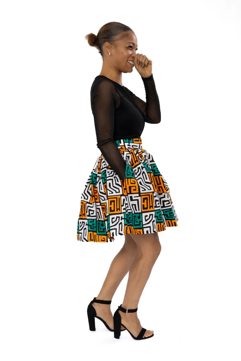 Afrikaanse print mini rok - Petrol Geel Kuba Blocks Congo