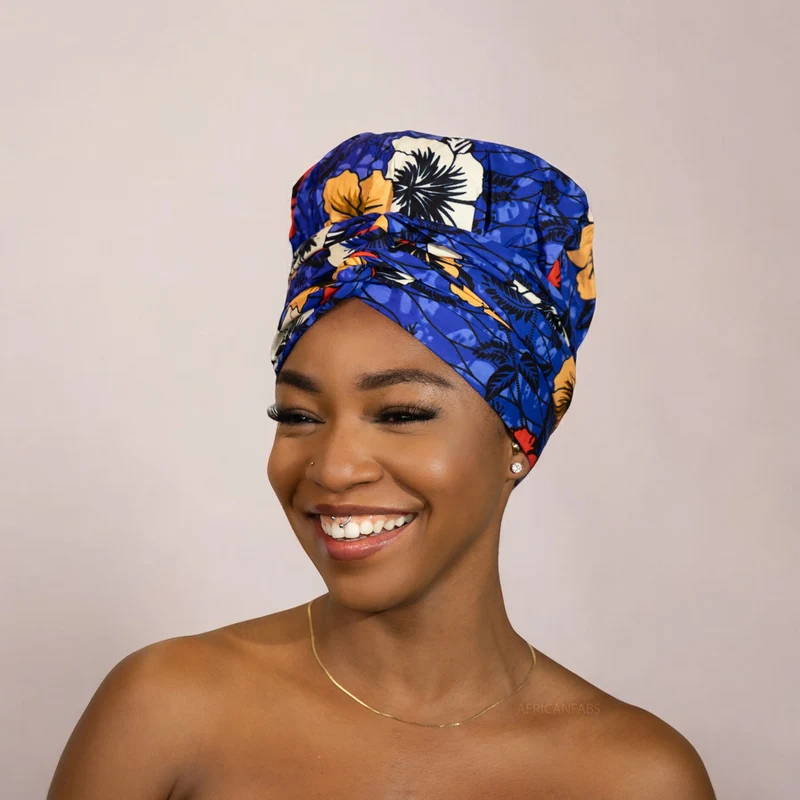 Easy headwrap / hoofddoek - Satijnen binnenkant - Blauw bloem