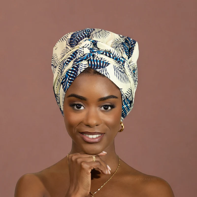 Easy headwrap / hoofddoek - Satijnen binnenkant - Blauw / witte bloem