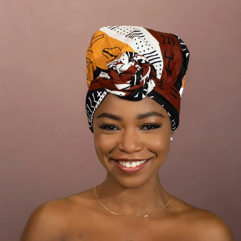 Easy headwrap / hoofddoek - Satijnen binnenkant - Donkerbruin / Geel Bogolan Symbols