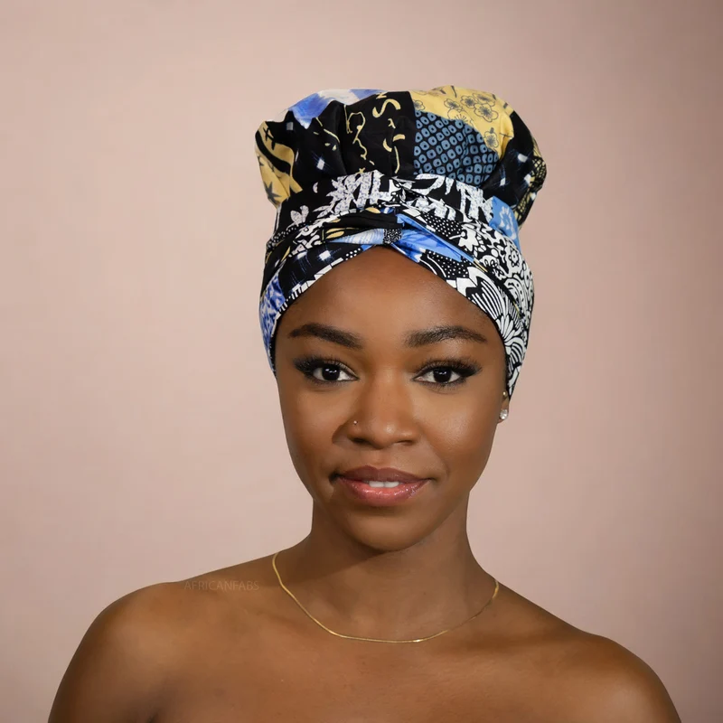 Easy headwrap / hoofddoek - Satijnen binnenkant - Blauw / beige