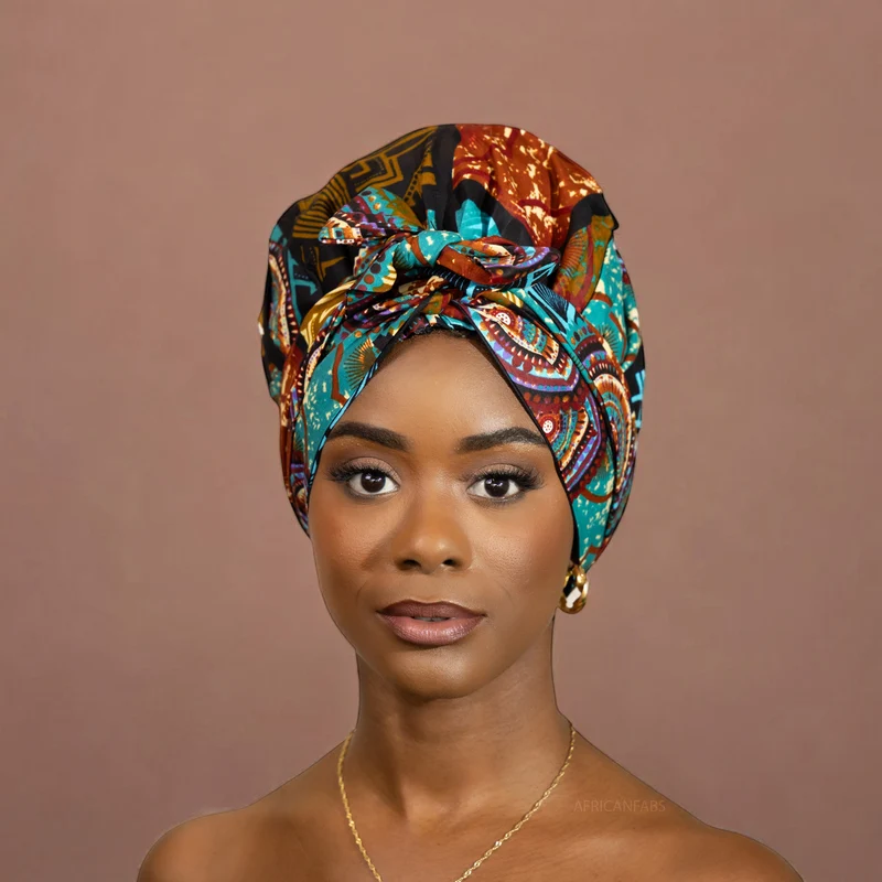 Easy headwrap / hoofddoek - Satijnen binnenkant - Turquoise Multicolor