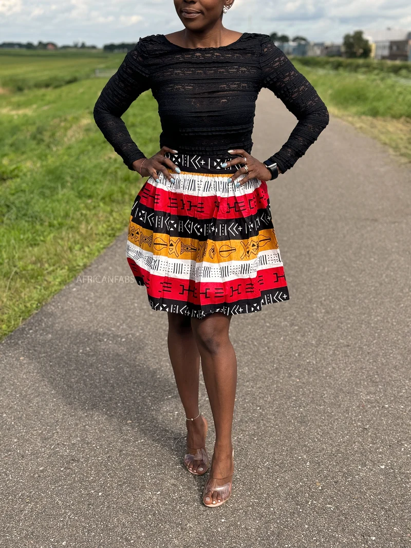 Afrikaanse print mini rok - Rode Bogolan Symbols