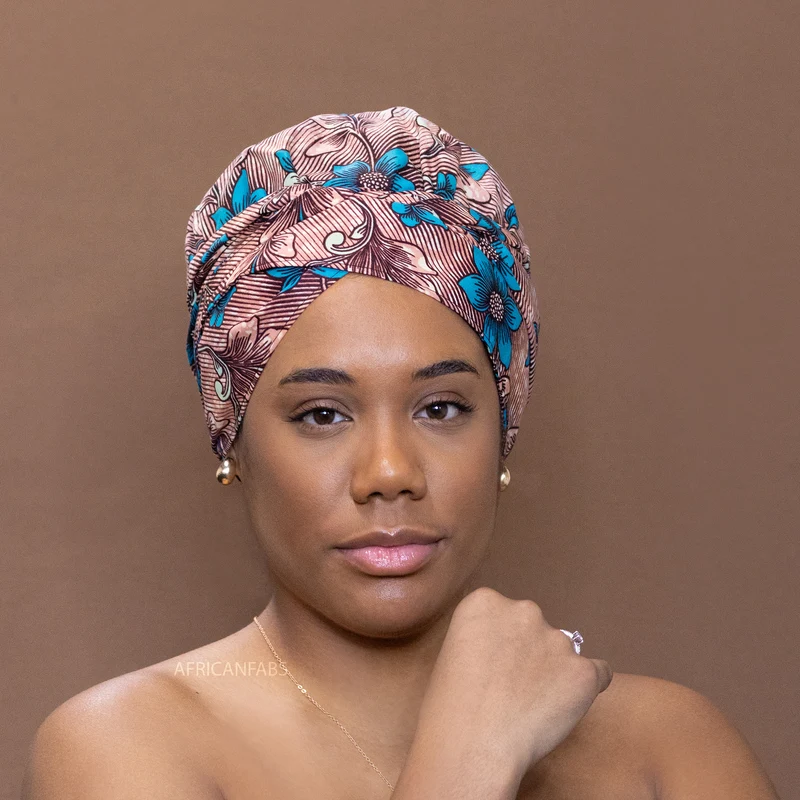 Easy headwrap / hoofddoek - Satijnen binnenkant - koraal / blauw bloom