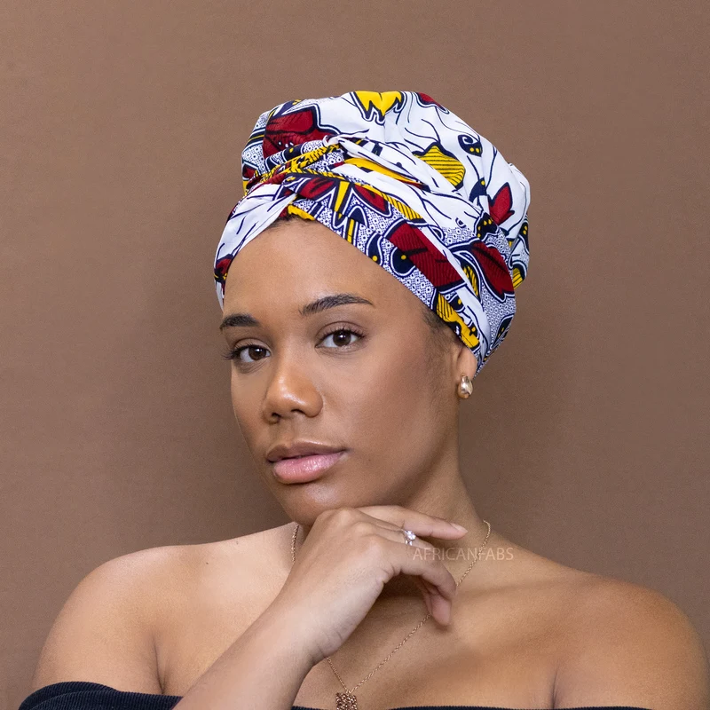 Easy headwrap / hoofddoek - Satijnen binnenkant - Wit rood / Geel bloom