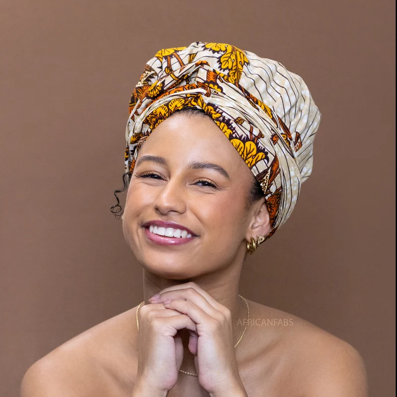Easy headwrap / hoofddoek - Satijnen binnenkant - Beige / geel bloom