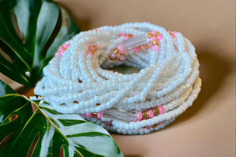 3 in 1 Waist Beads / Afrikaanse Heupketting - ABEBI - Roze / wit (elastisch)