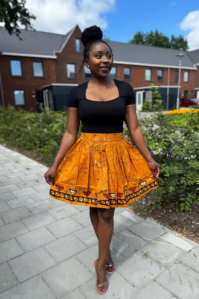 Afrikaanse print mini rok - Mosterd Kampala pattern