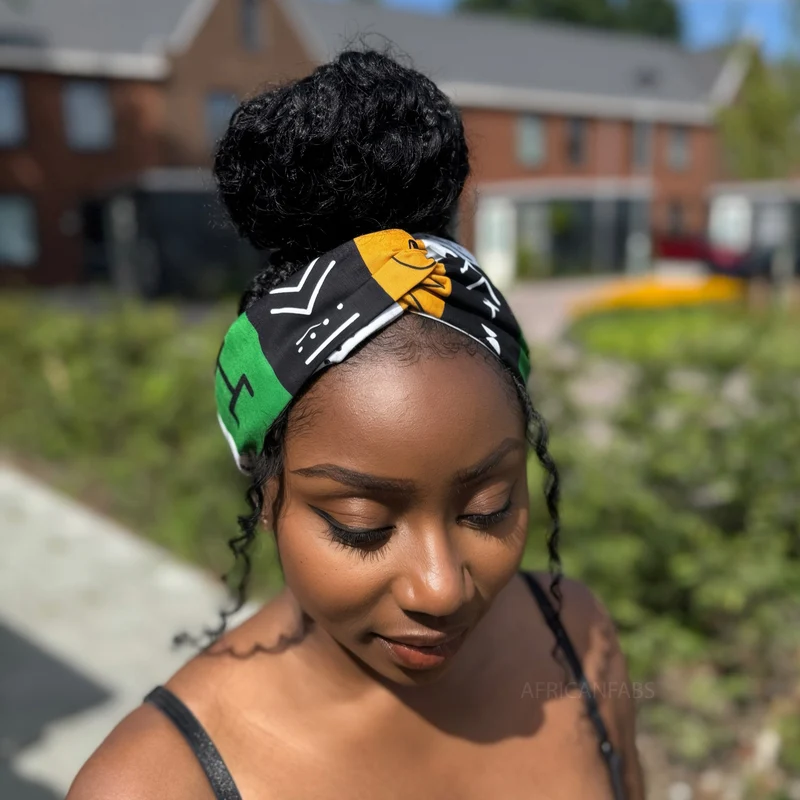 Haarband / Hoofdband in Afrikaanse print - Groen Bogolan Symbols