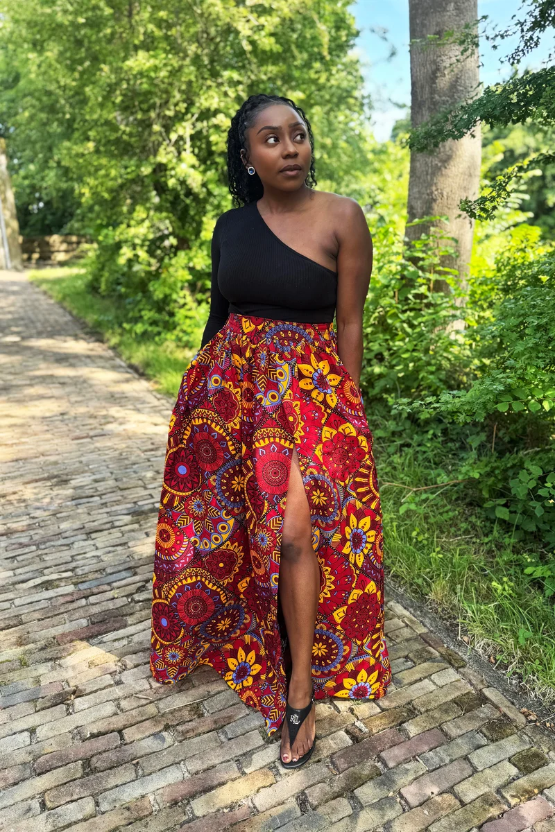 Afrikaanse print maxi rok - Rood & Geel Mandala Patchwork
