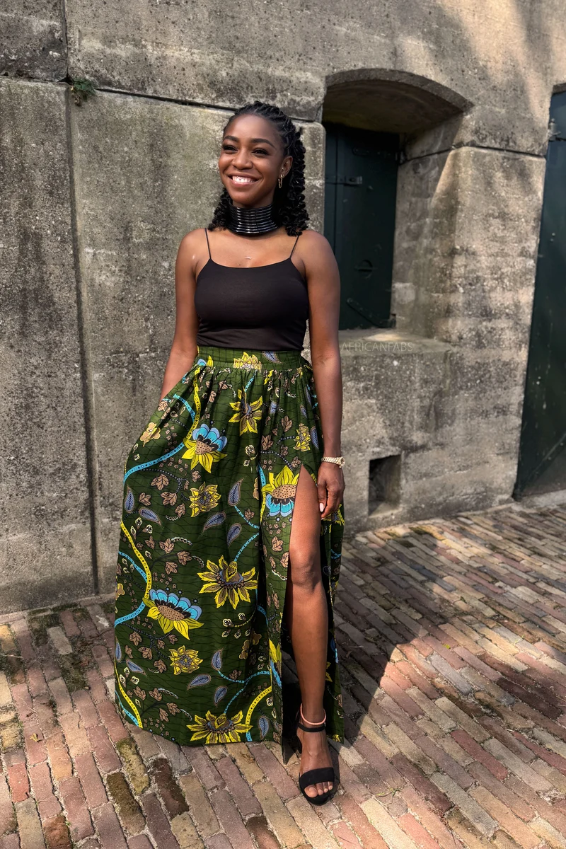 Afrikaanse print maxi rok - Donkergroen & Geel Botanical Flow