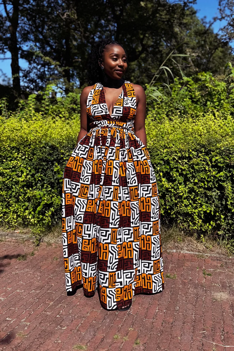 Afrikaanse print Infinity Multiway Maxi Jurk - Bruin & Geel-oranje Kuba Blocks Congo