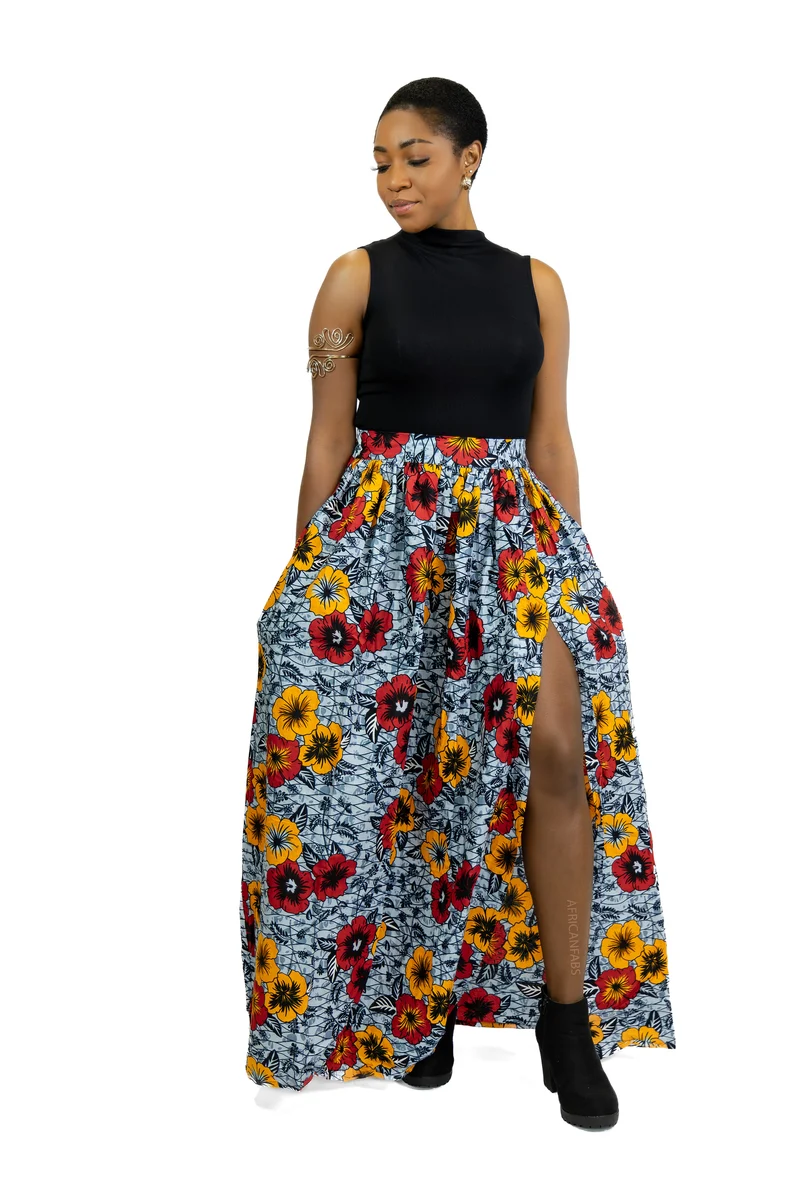 Afrikaanse print maxi rok - Lichtgrijze Flowers