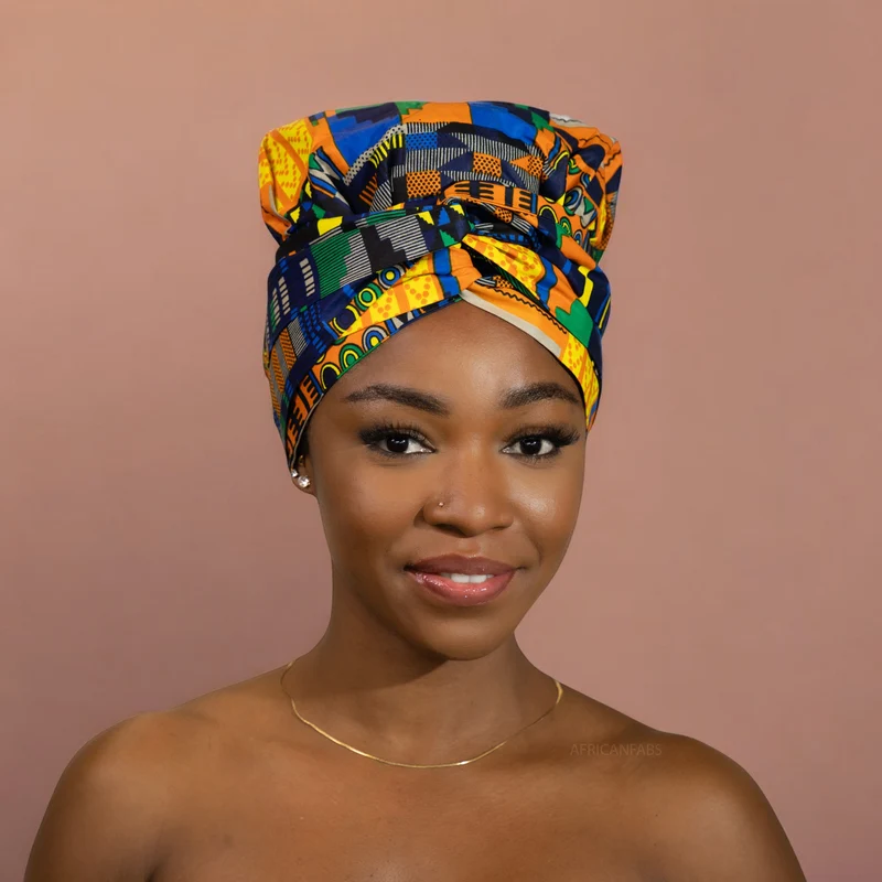 Easy headwrap / hoofddoek - Satijnen binnenkant - Kente Geel 2