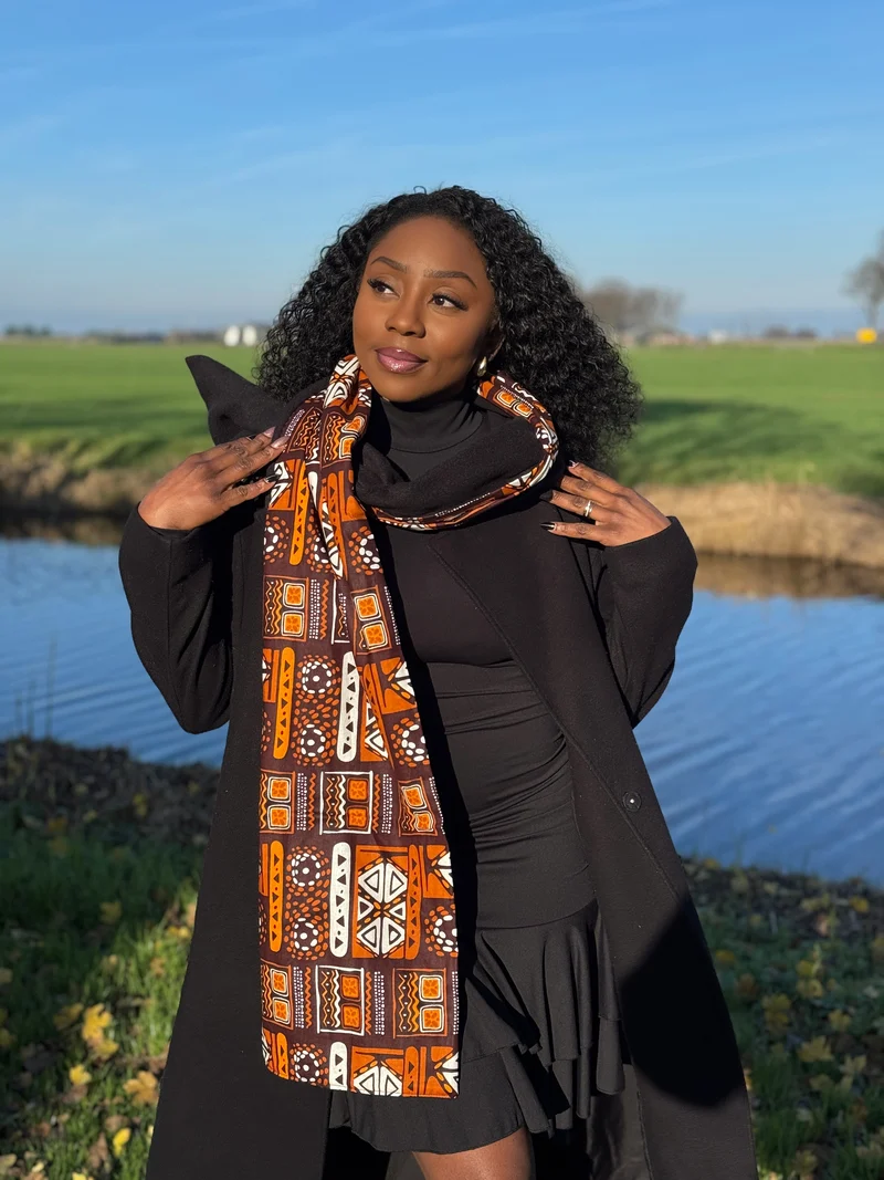 Warme Afrikaanse print sjaal Unisex - Smal model - Bruine Bogolan Patterns