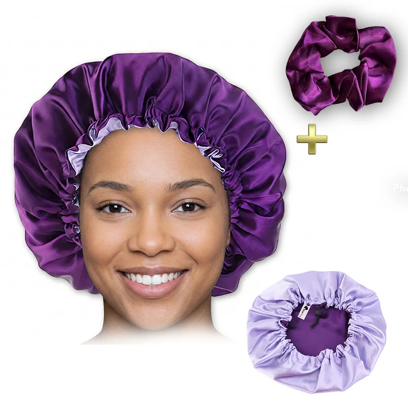 Paarse Satijnen Slaapmuts / Haar bonnet van Satijn / Satin hair bonnet + Satijnen scrunchie