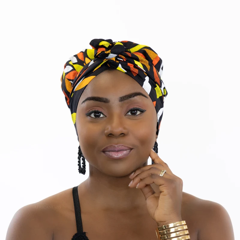 Easy headwrap / hoofddoek - Satijnen binnenkant - Zwart / gele sunburst