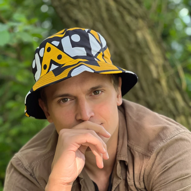 Bucket hat / Vissershoedje met Afrikaanse print - Mosterd Samakaka - Kinderen & Volwassenen (Unisex)