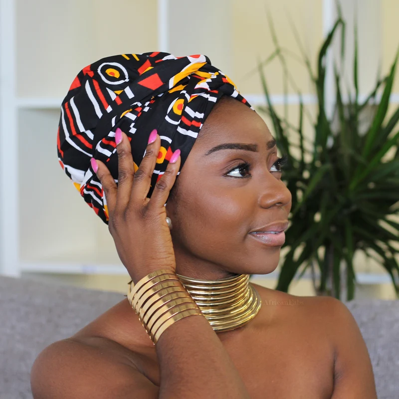 Easy headwrap / hoofddoek - Satijnen binnenkant - Zwart / rode Adaobi