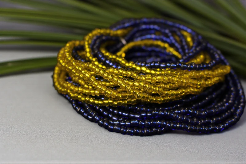 Waist Beads / Afrikaanse Heupketting - ABEHE - Blauw / geel-groen (elastisch)