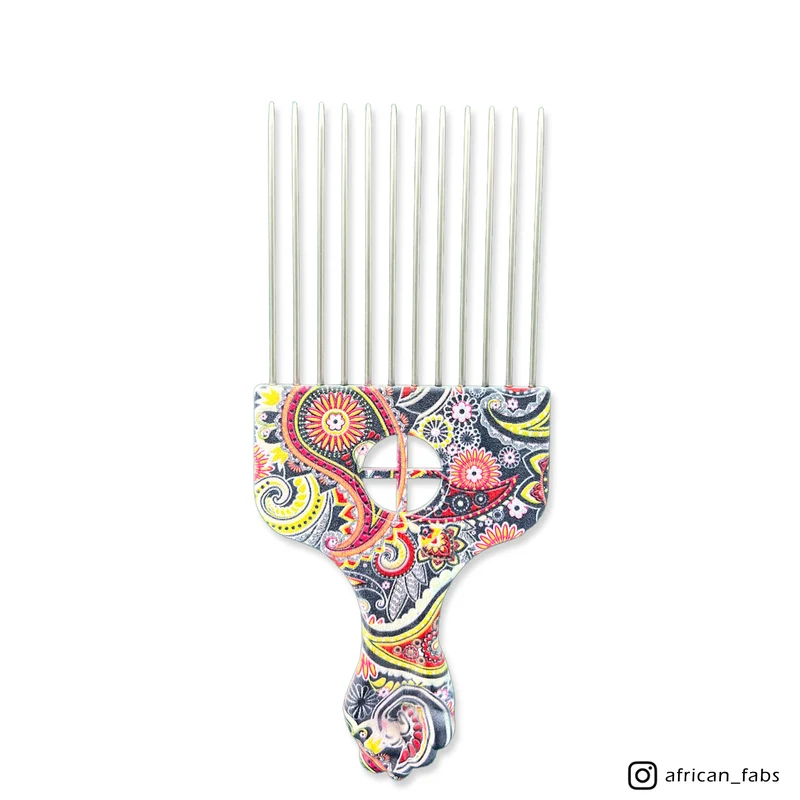 Afro kam - Hair pick Haar volume kam voor krullend en Afro haar - Brede tand kam met print