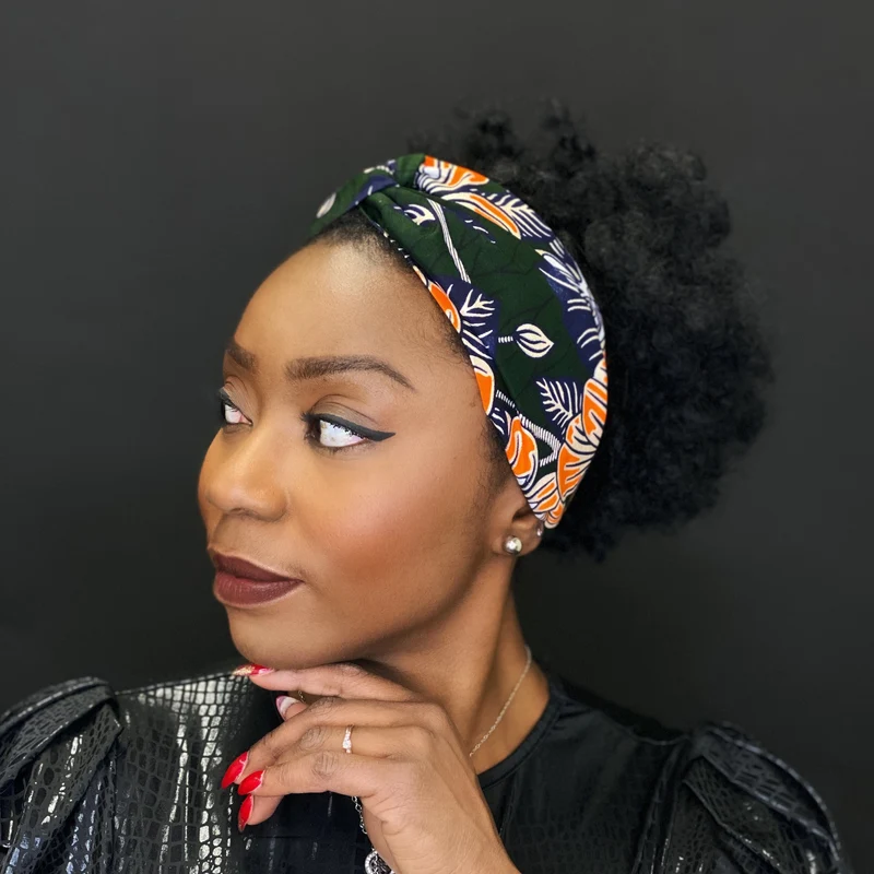 Haarband / Hoofdband in Afrikaanse print - Volwassenen - Donkergroene Oranje bloemen - met goud verfraaid - Brillant Platinum Edition