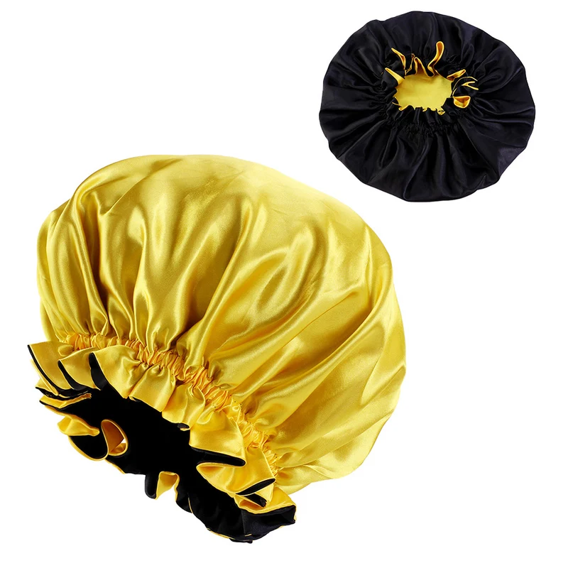 Gele / Zwarte Satijnen Slaapmuts met randje / Reversible Satin Hair Bonnet / Haar bonnet van Satijn