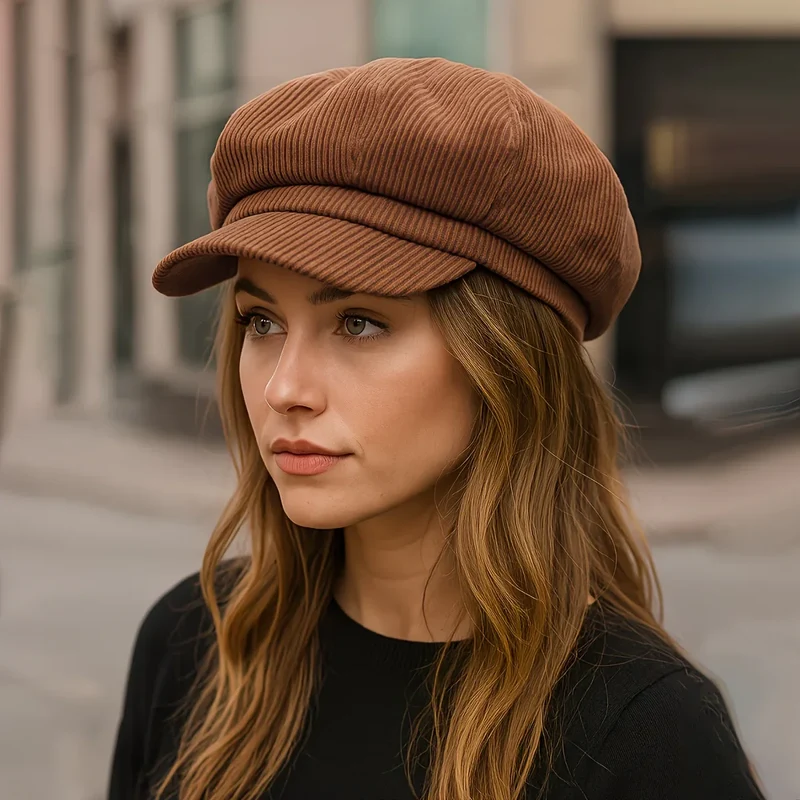 Dames pet | Bruine corduroy newsboy cap in vintage stijl