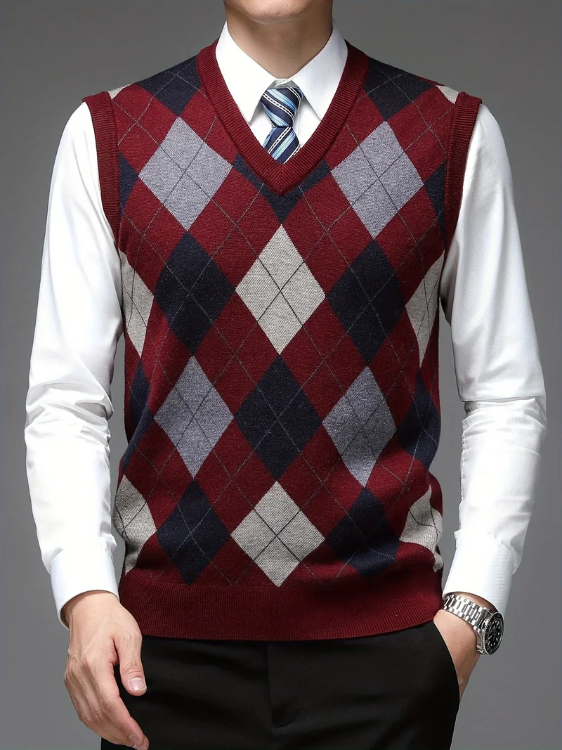 Heren pullover | Argyle gebreide trui zonder mouwen v-hals