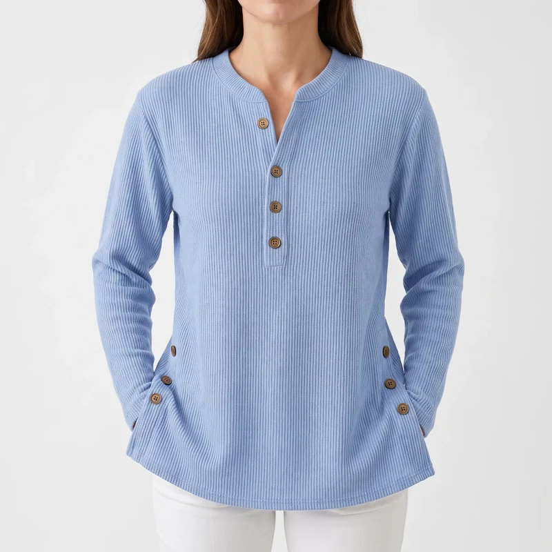 Trui dames | Geribd model met knoopdetails en ronde hals