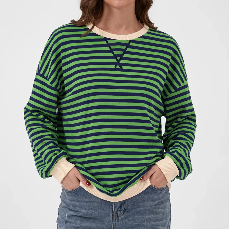 Trui dames | Groen gestreept oversized model met ronde hals
