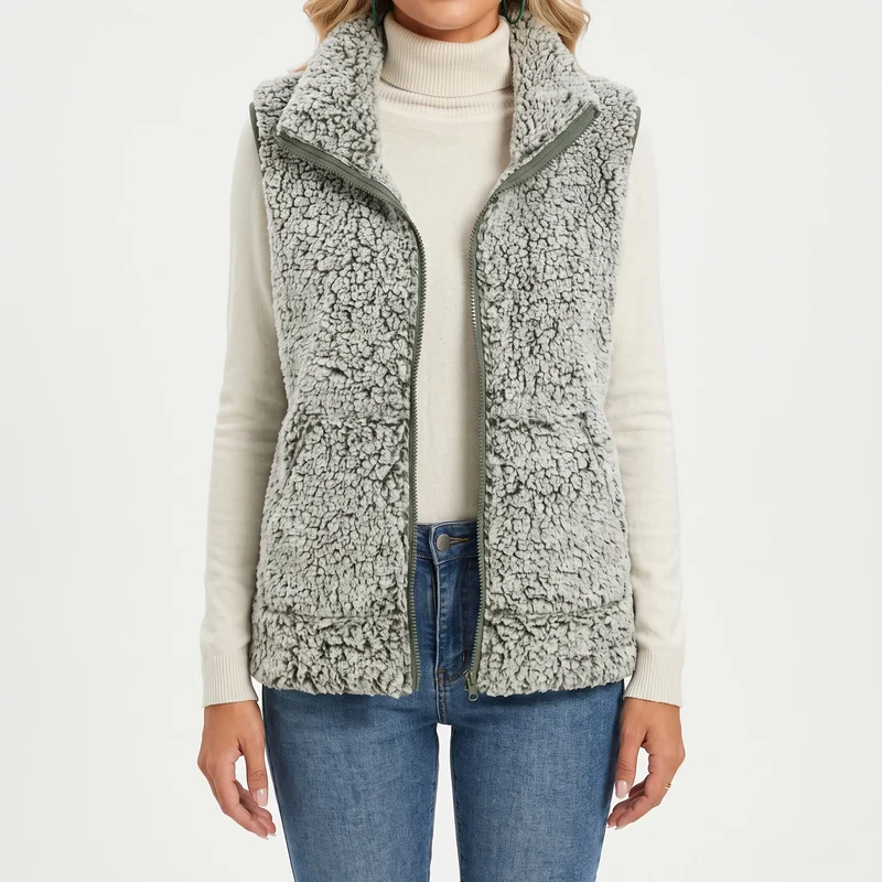Teddy gilet dames | Mouwloos model met rits en hoge kraag