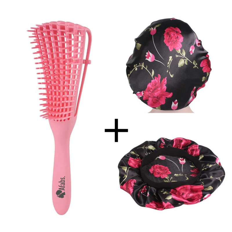 Afabs® Roze Anti-klit Haarborstel + Zwarte bloemen satijnen slaapmuts | Detangler brush | Detangling brush | Satin cap / Hair bonnet / Satijnen nachtmuts / Satin bonnet | Kam voor Krullen | Kroes haar borstel